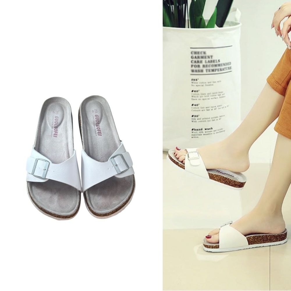 Guoluofei neutral white leather bohemian summer slip on flat sandals size EU 41
